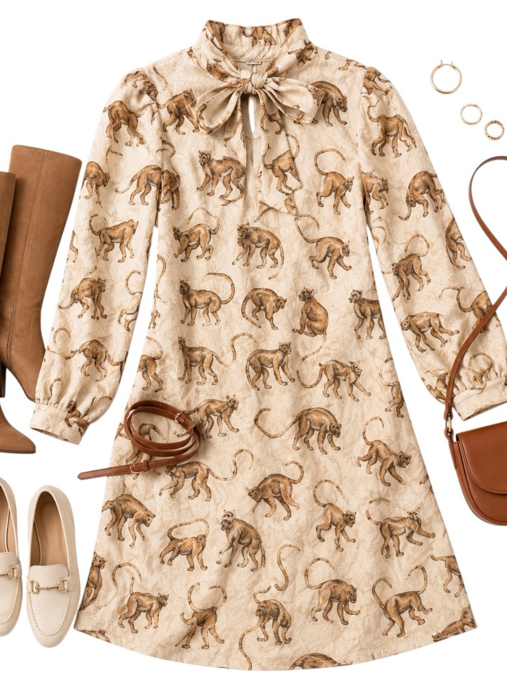 H&M Monkey Print Tie Neck Shift Dress Size 2 Cream Jacquard Rare Discontinued